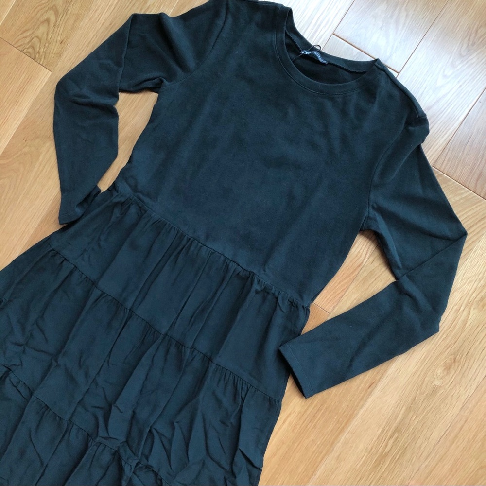 NWT Zara 100% Cotton Gray Green Ruffled Dress - Picture 7 of 7